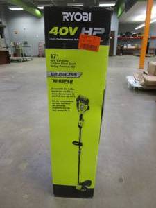 lot 104 image: RYOBI 40V HP Brushless Whisper Series 17 in. Cordless Battery Carbon Fiber Shaft String Trimmer w Battery & Charger - NEW WORKS