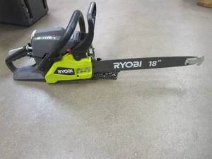 lot 112 image: RYOBI 18 in. 38cc 2-Cycle Gas Chainsaw with Heavy Duty Case - USED, RETURNED WITH LITTLE GAS, STARTED AND THEN DIED