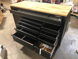 lot 2 image: Husky 61 in. W x 26 in. D Heavy Duty 10-Drawer 1-Door Mobile Workbench with Hardwood Top, Pegboard and Shelf in Matte Black