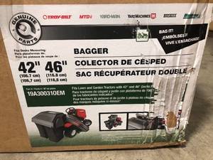 lot 14 image: MTD Genuine Factory Parts Original Equipment 42 in. and 46 in. Double Bagger for Troy-Bilt and Craftsman Lawn Mowers  Customer Returns See Pictures
