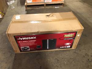 lot 42 image: Husky Ready-to-Assemble 24-Gauge Steel Wall Mounted Garage Cabinet in Black (28 in. W x 29 in. H x 12 in. D)  Customer Returns See Pictures