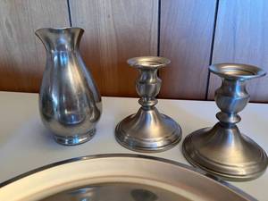 Hammered Casserole Dish, Pewter pitcher, candlesticks & Platter