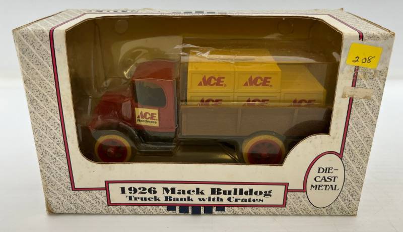 lot 3 image: Two Ertl Collectibles Die-Cast Metal Banks 1 1989  ( Ace Hardware ) 1926 Mack Bulldog Truck 11996 ( Ace Hardware )  1936 Chevy Panel Truck
