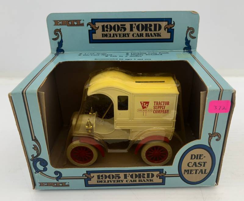 lot 12 image: Two Ertl Collectibles Die-Cast Metal Banks 1 1998 ( TSC Tractor Supply Company ) 1938 Chevy Panel Truck  1 ( TSC Tractor Supply Company ) 1905 Ford Delivery Car