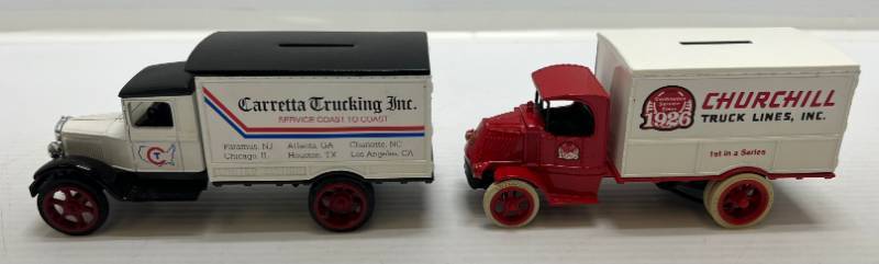 lot 20 image: Two Ertl Collectibles Die-Cast Metal Banks 1 1990 ( Carretta ) 1 1991 ( Churchill Truck Lines Inc. ) 1926 Mack Delivery Truck