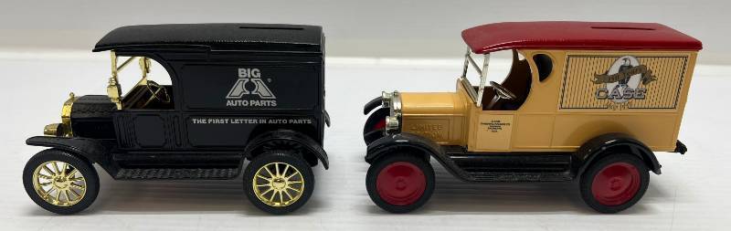 lot 36 image: Two Ertl Collectibles Die-Cast Metal Banks 1 1988 (  Big A Auto Parts) 1917 Model T Delivery 1 1992  ( 150 Years Case ) Commemorative Edition 1923 Chevy Truck