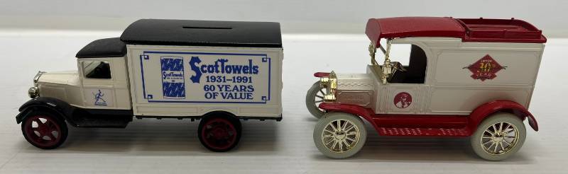 lot 37 image: Two Ertl Collectibles Die-Cast Metal Banks 1 1990  ( Scott Paper ) 1931 Hawkeye Motor Truck 1 1992 ( Lipton Tea )  1913 Model T Delivery