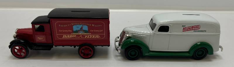 lot 38 image: Two Collectibles Die-Cast Metal Banks ( NIB ) 1 Ertl ( Radio FLyer ) 1931 Hawkeye Motor Truck 1 RC2 ( Krispy Kreme ) 1938 Chevolet Delivery Truck