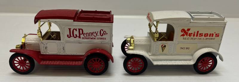 lot 43 image: Two Ertl Collectibles Die-Cast Metal Banks  1 ( JC Penney Co.) 1913 Model T Van 1 ( No Box ) ( Neilsons Ice Cream ) 1913 Model T Van