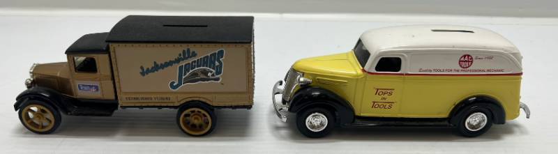 lot 45 image: Two Ertl Collectibles Die-Cast Metal Banks ( No Boxes ) 1 ( Mac Tools ) 1938 Chevy Delivery Van 1 1993 ( Jacksonville Jaguars ) 1931 Hawkeye Delivery Truck