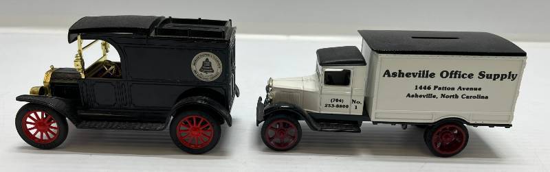lot 48 image: Two Ertl Collectibles Die-Cast Metal Banks ( No Boxes ) 1 ( BELL American Telephone & Telegraph Company ) 1913 Ford Model  T Van 1 ( Asheville Office Supply )  1931 Hawkeye