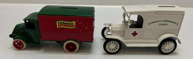 lot 50 image: Two Ertl Collectibles Die-Cast Metal Banks ( No Boxes ) 1  ( Franco American ) 1926 1 ( Bushkill Emergency Corps ) 1917 Ford Model T Van