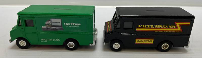 lot 53 image: Two Ertl Collectibles Die-Cast Metal Banks ( No Boxes ) 1 ( Zertl Replica Toys ) Grumman Olson Kurbmaster 1 ( Star Tribune ) Grummann Olson Route Star