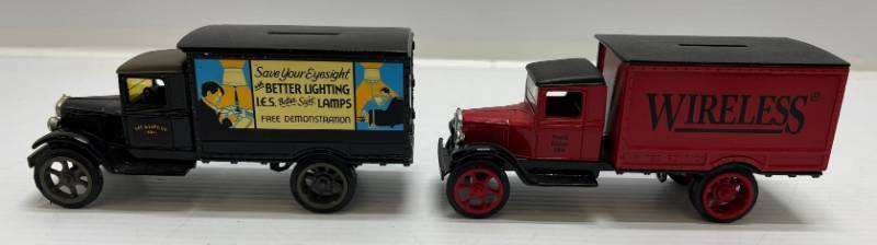 lot 55 image: Two Ertl Collectibles Die-Cast Metal Banks ( No Boxes ) 1 ( Wireless ) 1931 Hawkeye 1 ( IES Gas & Electric Company ) 1931 Hawkeye