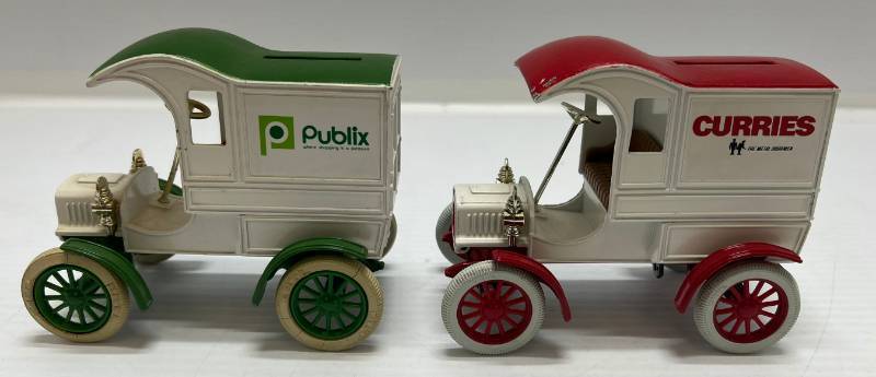 lot 58 image: Two Ertl Collectibles Die-Cast Metal Banks ( No Boxes ) 1 ( Curries ) 1905 Ford First Delivery Car 1 ( Publix ) 1905 Fords First Delivery Car
