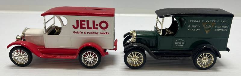 lot 61 image: Two Ertl Collectibles Die-Cast Metal Banks ( No Boxes ) 1 ( Oscar F. Mayer & Bro.) 1923 Chevrolet Delivery Van 1 ( Jello ) 1923 Chevrolet Delivery Van