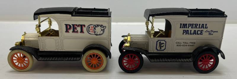 lot 62 image: Two Ertl Collectibles Die-Cast Metal Banks  ( No Boxes )1 ( PET MILK ) 1913 Model T Van 1 ( Imperial Palace Las Vegas ) 1913 Model T Van
