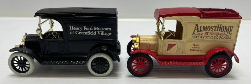 lot 63 image: Two Ertl Collectibles Die-Cast Metal Banks ( No Boxes ) 1 ( Almost Home ) 1913 Model T Van 1 ( Henry Ford Museum ) 1917 Model T Van