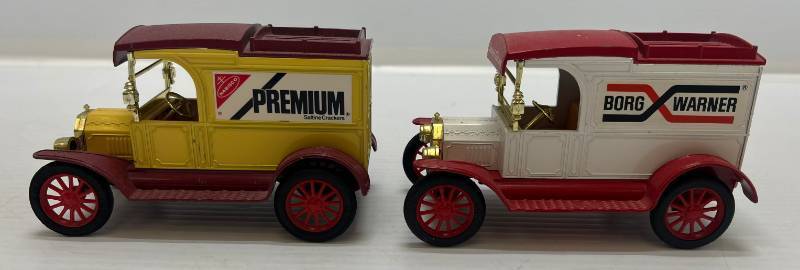 lot 64 image: Two Ertl Collectibles Die-Cast Metal Banks ( No Boxes ) 1 (  Nabisco Premium Saltine Crackers) ( One Tire Damaged ) 1913 Ford Model T Van 1 ( Borg Warner ) 1913 Ford Model T Van