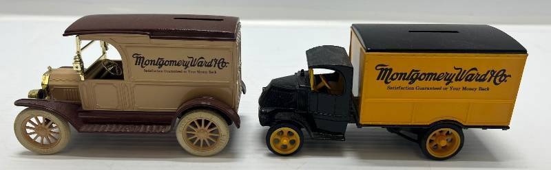 lot 65 image: Two Ertl Collectibles Die-Cast Metal Banks ( No Boxes ) 1 ( Montgomery Ward Co. ) 1926 Bulldog 1 ( Montgomery Ward Co. ) 1917 Model T Van