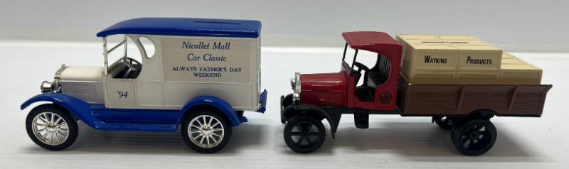 lot 66 image: Two Ertl Collectibles Die-Cast Metal Banks ( No Boxes ) 1 ( Nicollet Mall Car Classic ) 1923 Chevrolet Van 1 ( Watkins Products ) Kenworth