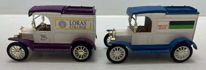 lot 67 image: Two Ertl Collectibles Die-Cast Metal Banks ( No Boxes ) 1 ( Loras College )  1917 Ford Model T Van 1 (  Deutz Allis ) 1913 Model T Van