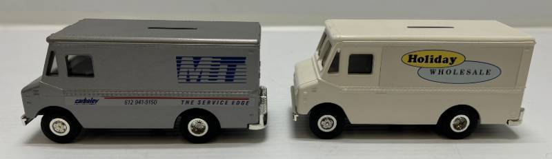 lot 68 image: Two Ertl Collectibles Die-Cast Metal Banks 1 1990 ( M.I.T. ) Walk In Van 1 (Holiday Wholesale) Grumman Olson Kurbmaster