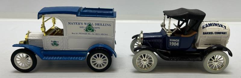 lot 70 image: Two Ertl Collectibles Die-Cast Metal Banks 1 ( Mayer Well Drilling ) 1913 Model T 1  1989 ( Kaminsky Barrel Company ) 1918 Ford Model T Runabout