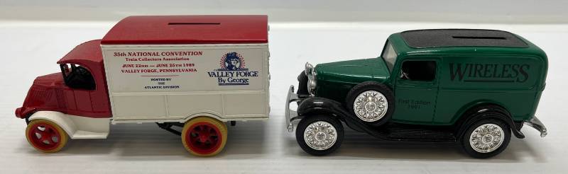 lot 76 image: Two Ertl Collectibles Die-Cast Metal Banks 1 1989 ( Valley Forge ) 1926  Mack Delivery Truck 1 1991 (  Wireless ) 1932 Panel Delivery
