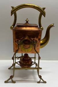 lot 97 image: Brass And Copper Kettle On Stand With Burner (Really Cool)