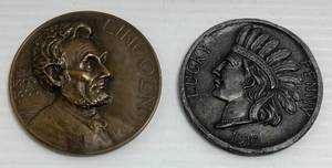 lot 102 image: Bronze Lincoln Essay Medal 3 & 1916 Lucky Penny 2 34