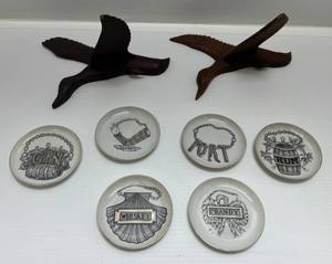 lot 109 image: 1960s Fornasetti-Style Coasters & Hand Carved Wall Hanging Wooden Ducks