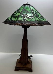 lot 124 image: Art Deco Mission Style Double Light Table Lamp 32 T x 22 W