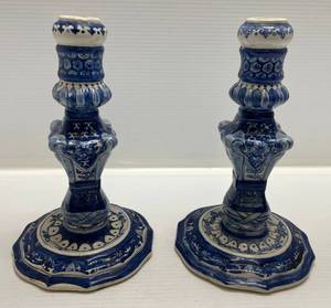 lot 130 image: Antique Blue & White Candle Holders