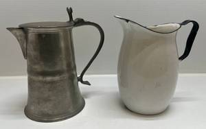 lot 133 image: Pewter Pitcher & Enamel Pitcher
