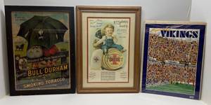 lot 136 image: Two Framed Behind Glass Reproduction Prints & 1990s Vikings Poster