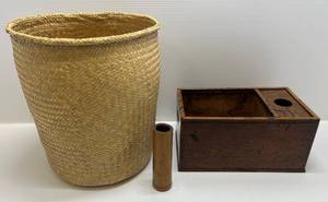 lot 143 image: Antique Oriental Wooden Lunch Box & Basket