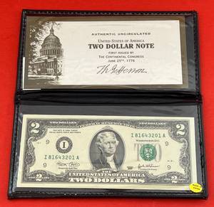 lot 166 image: Authentic Uncirculated United States Of America Two Dollar Bill In Holder