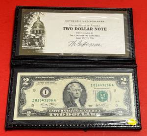 lot 167 image: Authentic Uncirculated United States Of America Two Dollar Bill In Holder
