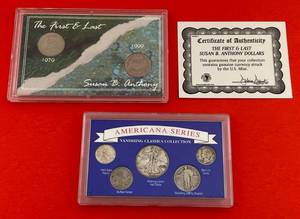 lot 168 image: 1990 Americana Series Vanishing Classics Collection Walking Liberty & More In Holder (Holder Has A Crack) & The First & Last Susan B. Anthony Coin Set With COA In Holder