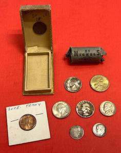 lot 183 image: Misc. U.S. Coins Including Roll Of 1960s Nickels, Silver Quarters 1946,53,63, 1910 Dime, 1964 Dime, 1960 Nickel & More