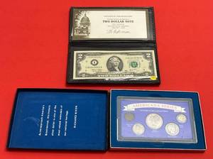 lot 188 image: 1990 Americana Series Yester Year Collection Barber Half Dollar  & More In Holder & Authentic Uncirculated United States Of America Two Dollar Bill In Holder