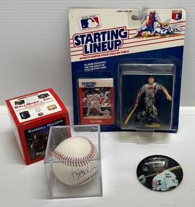 lot 193 image: Kent Herbeck Autographed Items Including  Baseball, Sports Figure & Button (Not Signed)