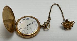 lot 210 image: 1907 14K Elgin Pocket Watch 15 Jewels (Works) With S.O.B. & CO. Watch Fob