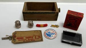 lot 212 image: Misc. Vintage Items Including Sterling Silver Miniature Salt & Peppers, Cheese Crate Drawer & More