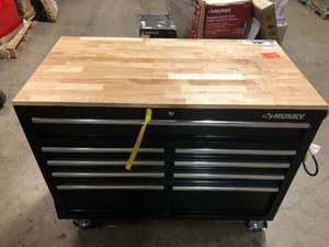Husky 46 in. W x 24.5 in. D Standard Duty 9-Drawer Mobile Workbench Cabinet with Solid Wood Top in Gloss Black Slight Damage   Customer Returns See Pictures