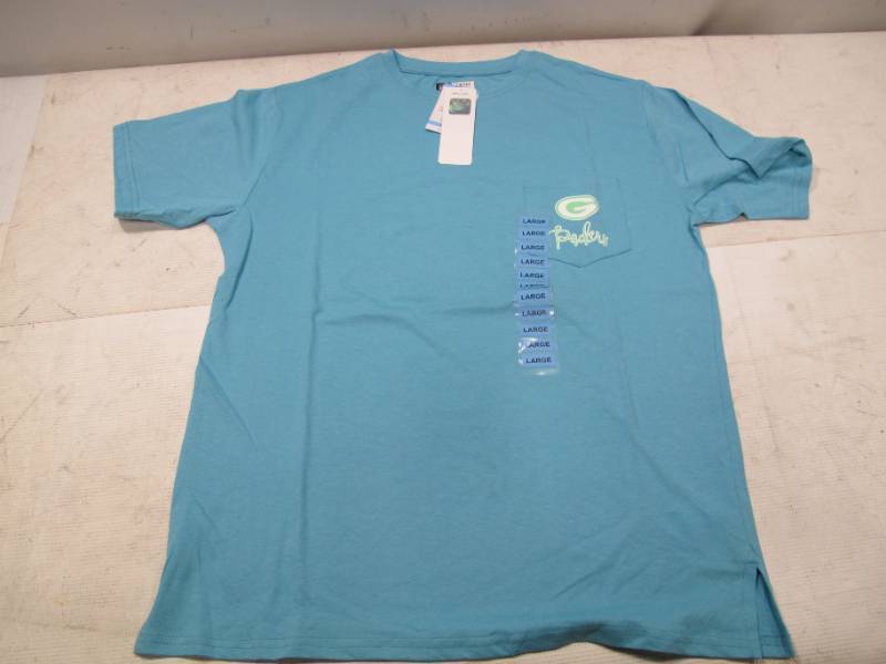 lot 665 image: NEW Pair of WOMENS Short Sleeve Green Bay Packers T-Shirts - Gray and Blue - XL