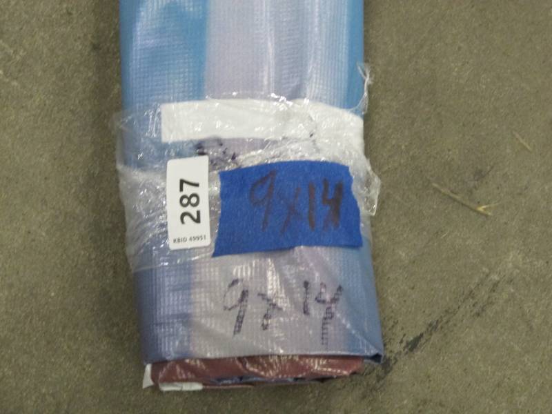 lot 418 image: 9 x 14 9 oz. Black Vinyl Tarp w Advertisement W GROMMETS Reused Billboard  9 mil Lightweight Heavy Duty - A Grade