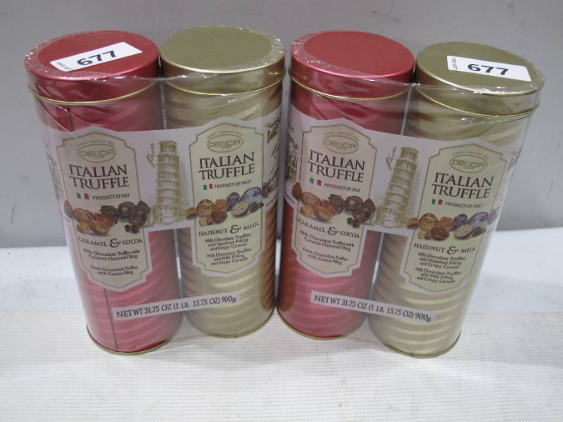 lot 550 image: NEW Two Packs of Delicia Fine Italian Chocolate Truffles (2 pk.) Caramel and Cocoa  Hazelnut and Milk