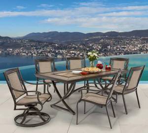 lot 350 image: Eldorado 7-piece Sling Dining Set - Damaged Tile on Table